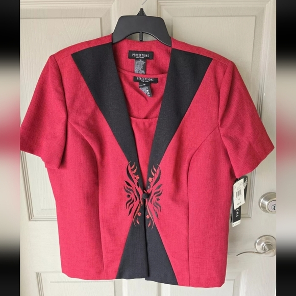 Perceptions 3 Piece Pant Suit Sz 18 Red Black Long Sleeve Embroidered Career New - Picture 9 of 12